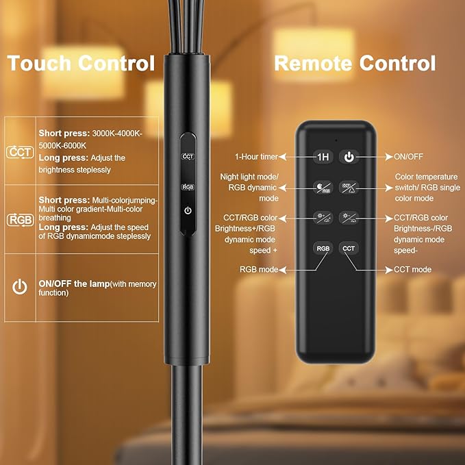 36W RGB Arc Floor Lamp with 3 Fabric Shades, 3000LM Super Bright Standing Lamp with Remote Control & Touch, Stepless Dimming, Individual Light Control for Living Room, Bedroom