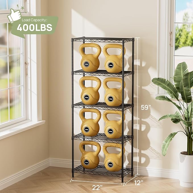 5 Tier Adjustable Storage Shelves Heavy Duty Metal Utility Shelf 500LBS Capacity Wire Shelving Unit Organizer Rack for Home Kitchen Office Bathroom Pantry Room 12" D x 22" W x 59" H Black
