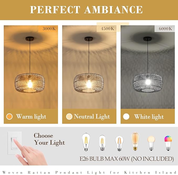 Black Rattan Pendant Light, 16in Drum Wicker Chandelier Hand-Woven Rattan Hanging Lighting Fixture Boho Pendant Lights for Dining Room Kitchen Island Living Room Bedroom Foyer Entrance