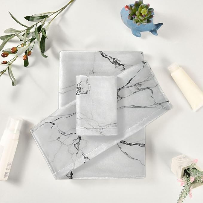Marble White Towels Set of 3 Marbling Texture Art Bathroom Towel Soft Absorbent Bath Hand Towels Washcloth Guest Towel Sets Bathroom Decorations