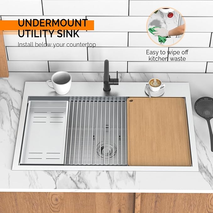 ROVSUN 33 Inch Stainless Steel Drop In, Kitchen Utility Sink, Workstation Deep Single Bowl, Integrated Ledge Multifunctional Workstation Sink Set,Silver