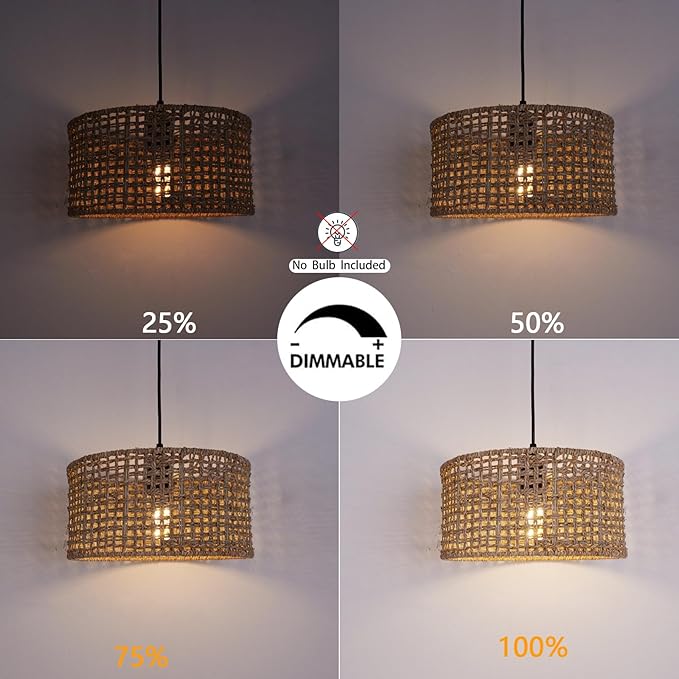 HuisMier Plug in Pendant Light with Hand Woven Rattan Lampshade, Dimmable Hanging Lamp with 15 FT Plug in Cord, Boho Pendant Light Fixture for Bedroom Kitchen Island Dinning Table