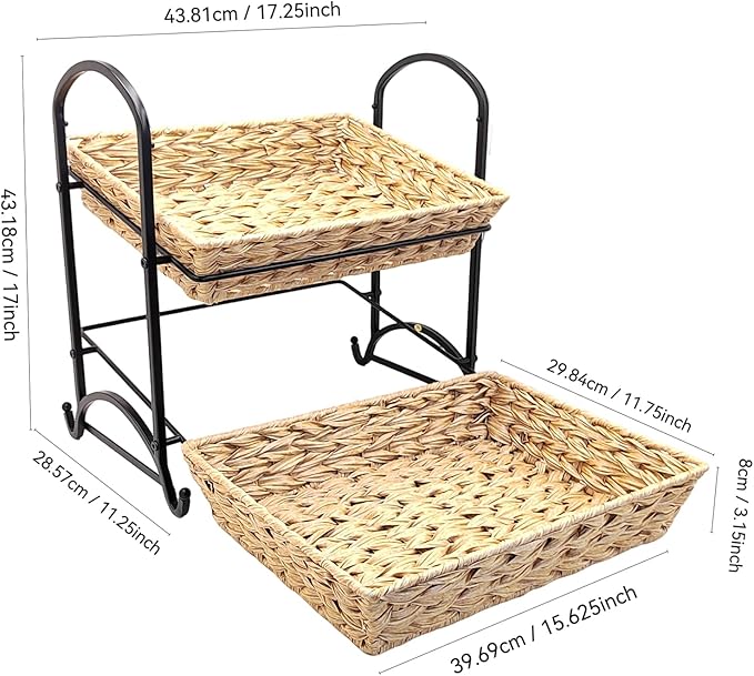 2-Tier Plastic Rattan Wicker Storage Basket with Metal Frame, Countertop Organizer Shelf for Kitchen, Bathroom, Pantry, Fruit, Vegetables, Snacks, Toiletries|Coffee Capsule, Coke,Can Rack