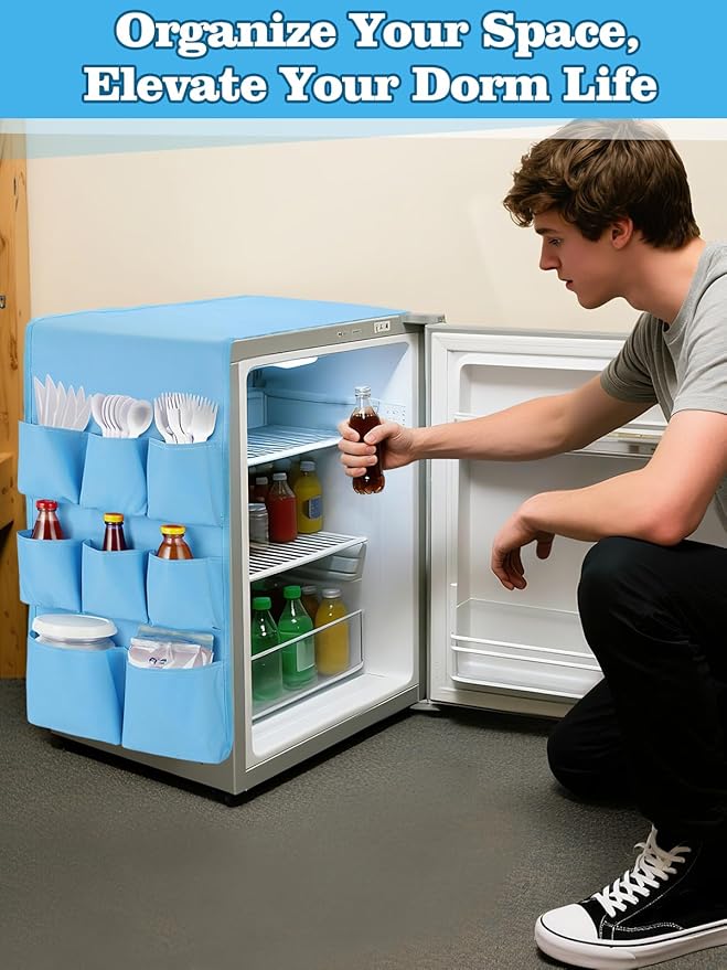 Extended Mini Fridge Caddy Organizer - 55" x 13" Back to School Dorm and Office Over the Fridge Storage Organizer with 12 Pockets for Flatware Drink Paper Goods, College Must Have, Blue