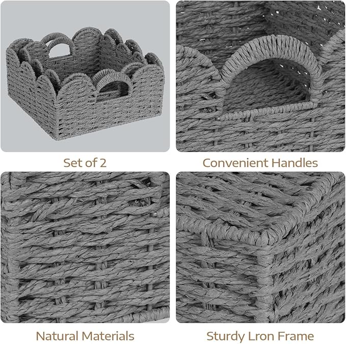 Scalloped Wicker Basket Natural Paper Rope Storage Baskets with Handles Handwoven Organizer Bin Wicker Storage Baskets for Home Decor, Organizing, 2 Pack (Grey)