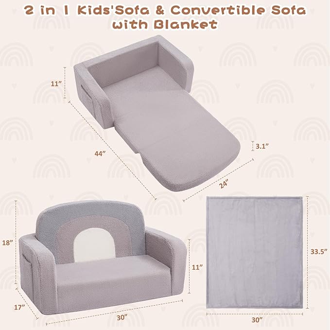 Extra Wide Kids Couch, 2-in-1 Soft Toddler Couch with Blanket, Comfy Toddler Chair, Convertible Sofa with Cute Rainbow Design, Grey