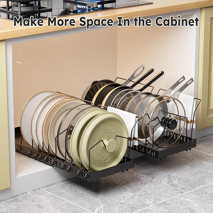 Pull-out Pots and Pans Organizer Under Cabinet - 2 Pack Expandable Pot and Pan Organizer Rack with 10 Adjustable Dividers for Pot, Cutting Board, Dishes, Lid, Baking Tray