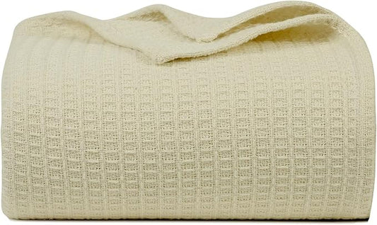 Bed & Bath Home Premium 100% Cotton Waffle Weave Blanket King Size – Soft Breathable Lightweight Comfort, Natural All-Season Bed Blanket, Easy-Care Bedspread for Bed & Couch (Ivory)