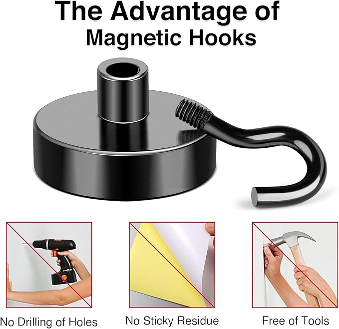 MIKEDE Magnetic Hooks, 30Lbs+ Strong Neodymium Black Magnet Hook for Hanging, Heavy Duty Magnetic Hooks Classroom Must Have, Magnet with Hooks for Home, Kitchen, Workplace, School - Pack of 15