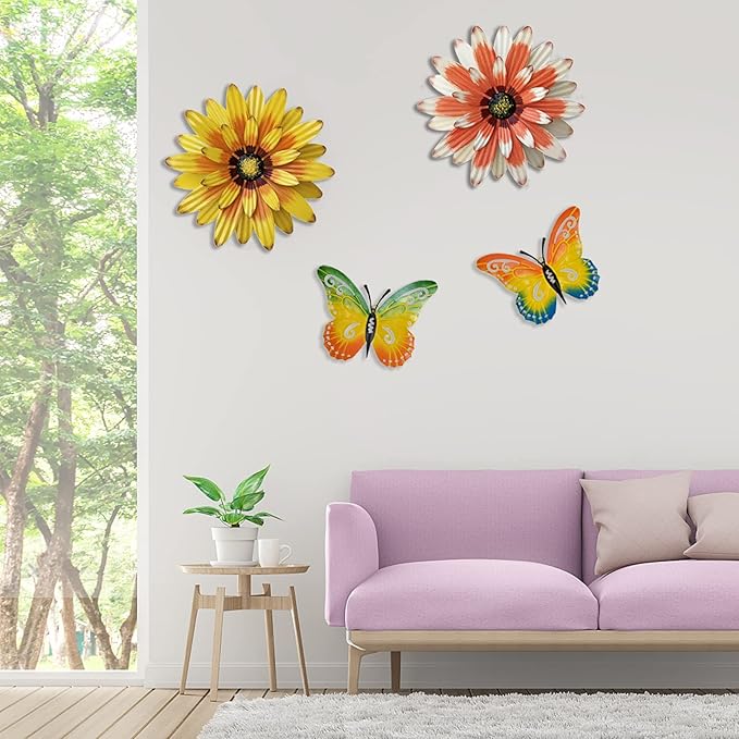 Meduofon Metal Flowers Outdoor Wall Decor, 4 Pack Metal Flower & Butterfly Wall Art Decor Outdoor or Indoor, Wall Sculptures for Deck Decor, Garden Fence, Yard, Patio, Porch, Bedroom, Living Room