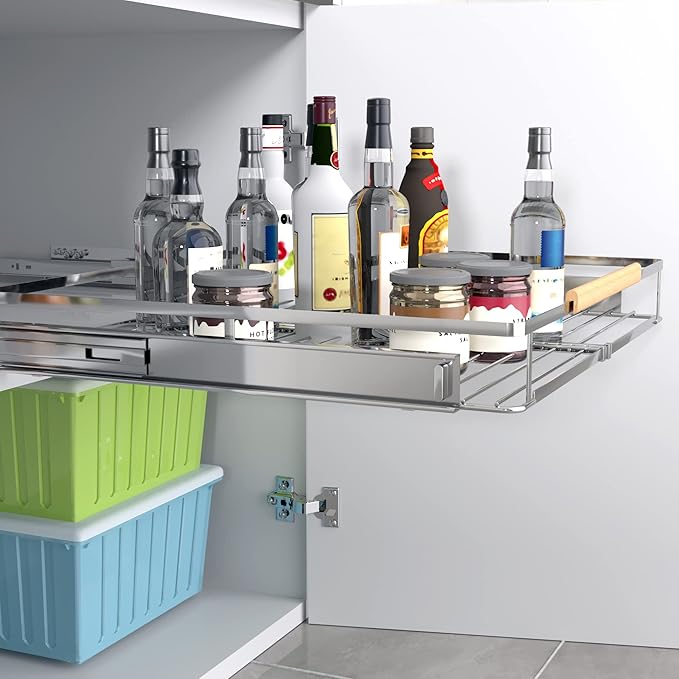 Expandable Pull Out Cabinet Organizer,23~39.8" W x 22.5" D Heavy Duty Slide Out Shelves Adjustable Height Cabinet Pull Out Shelves,Expandable Width Spice Rack Organizer for Kitchen Cabinet