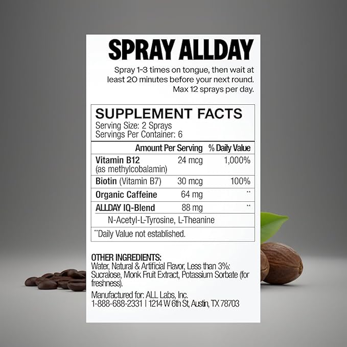 ALLDAY Focus + Energy Spray — Natural Caffeine + L-Theanine + Essential Vitamins — 0 Calorie, 0 Sugar — 12 Spray Bottle — Faster, Cleaner, Smoother Energy (4 Pack Strawberry)