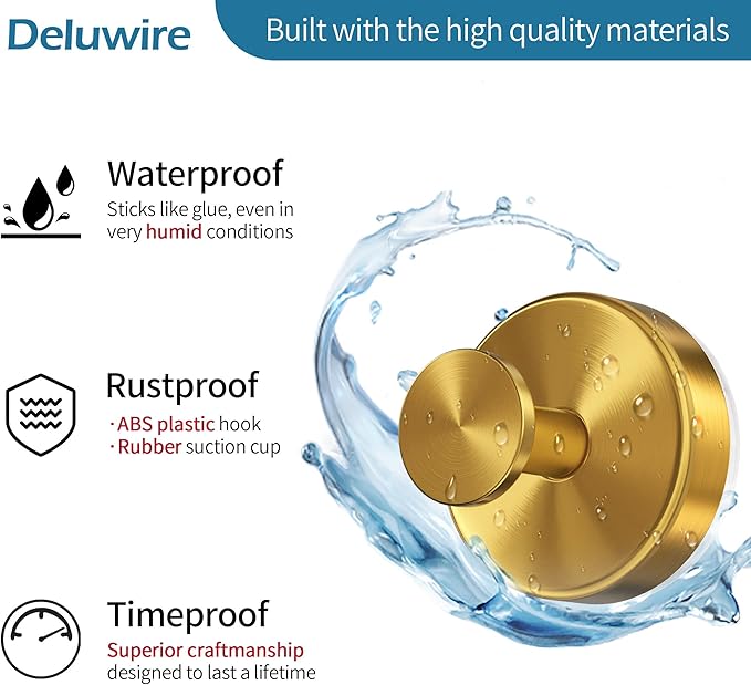 Deluwire Suction Cup Hooks for Shower,4 PCS No Drill Bathroom Hooks for Towels, Robes,Removable Towel Holder for Bathroom Wall,Kitchen,Glass,Mirror,Hanging up to 15 lbs,Loofah-Gold