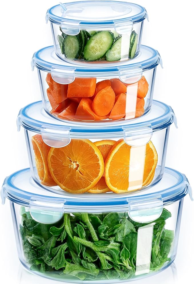 NUTRIUPS 15/30/54/95oz Round Large Glass Food Storage Containers with Lids,Glass Bowl & Meal Prep Containers with Lids,4-Piece Set