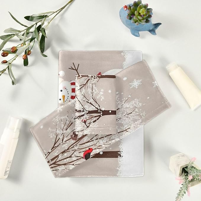 Winter Snowman Bird Tree Snow Towels Set of 3 Snowflakes Peach Christmas Bathroom Towel Soft Absorbent Bath Hand Towels Washcloth Guest Towel Sets Rustic Farmhouse Xmas Holiday Decor