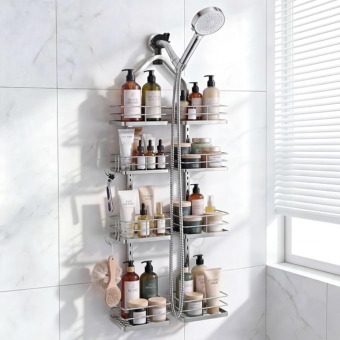 Adjustable Hanging Shower Caddy for Handheld Showerhead, 4-Tier Rustproof Shower Rack Baskets, Anti-Swing Hanging Shower Organizer for Bathroom Storage with 2 S-Hooks, Large Capacity, Silver