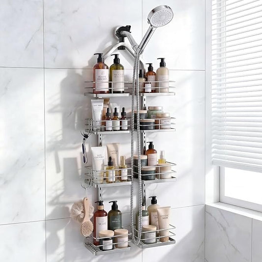Adjustable Hanging Shower Caddy for Handheld Showerhead, 4-Tier Rustproof Shower Rack Baskets, Anti-Swing Hanging Shower Organizer for Bathroom Storage with 2 S-Hooks, Large Capacity, Silver