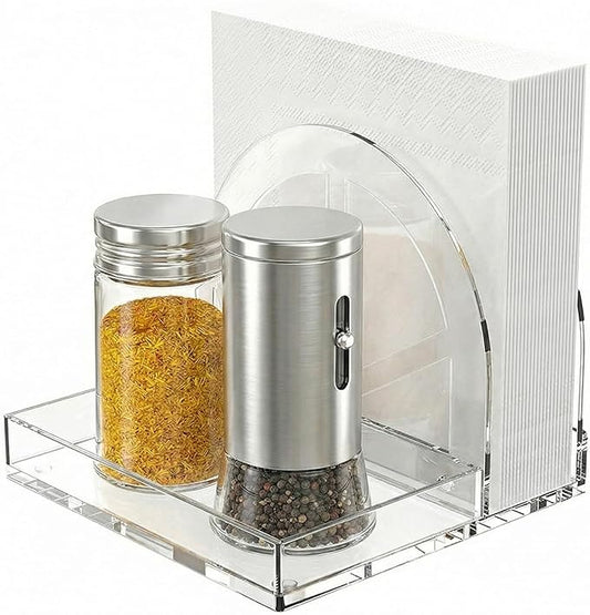 Acrylic Napkin Holder with Magnetic Assembly, Clear Space-Saving Napkin Dispenser & Salt Pepper Shakers Caddy, Modern Organizer for Kitchen Counter, Dining Table,Small Spaces, Office or Party（Small)
