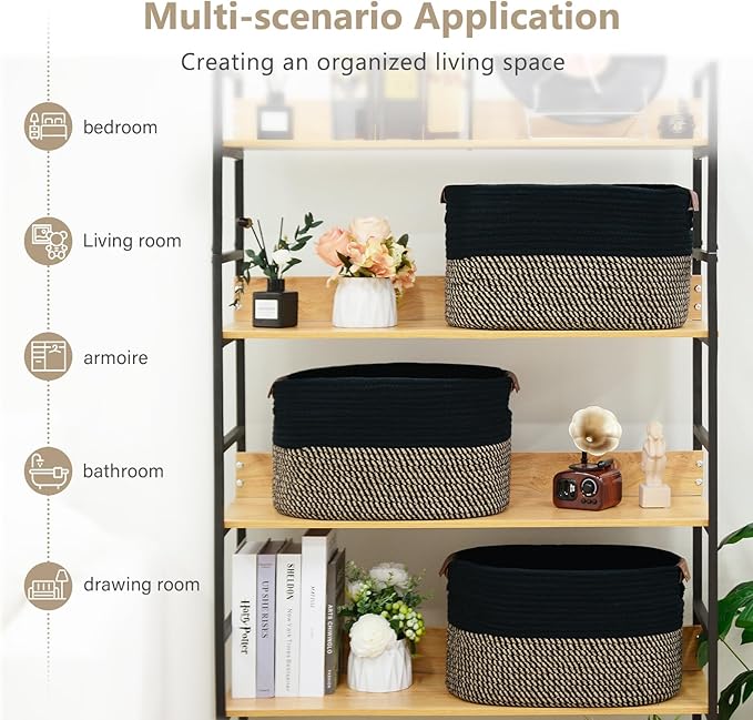 Cotton Rope Basket, Storage Baskets with Handle, 15x10x9 Inch Woven Basket for Shelves, Laundry, Towels, Clothes, Books, (Black Brown 2 Pack)