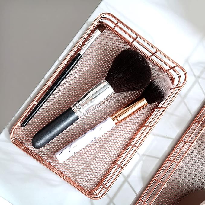 2PCS Nordic Simple Rose Gold Wrought Iron Storage Basket Desktop Organizer Container Household Storage Organizer for Living Room Bathroom Office Durable Iron Material Stylish Decor (Small Size)