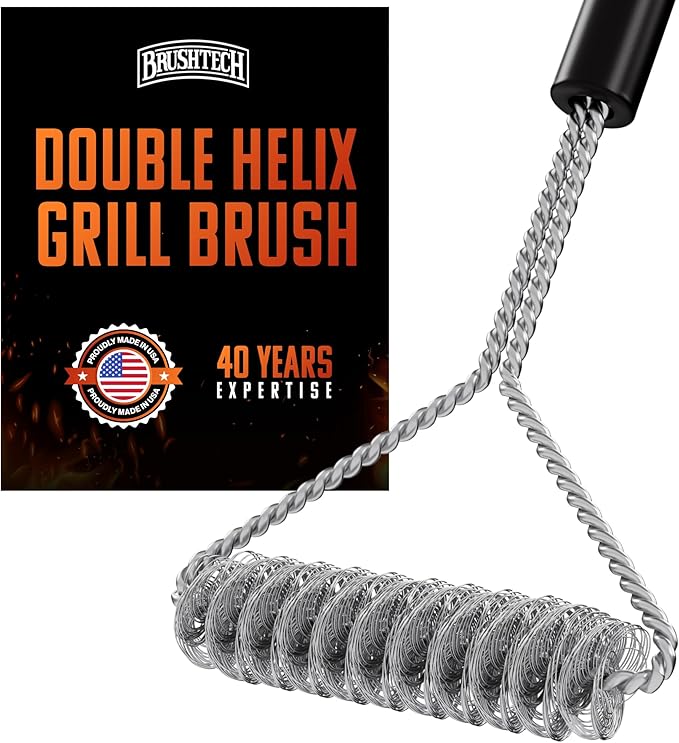 Double Helix Grill Brush, 16″ Flat BBQ Grill Cleaner - Bristle‑Free Coil Springs Clean Tops & Sides - Stainless Steel, Long Reach Handle, Heavy‑Duty BBQ Tool for Gas & Charcoal Grates