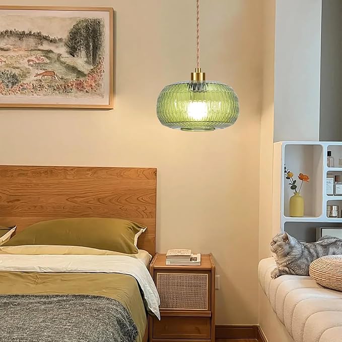 Plug in Pendant Light Glass Hanging Lights with Plug in Cord Boho Hanging Lamp Gold Mid Century Modern Vintage Dimmable Green Flower Plug in Chandelier Ceiling Fixture for Living Room,Kitchen