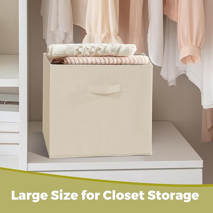 11x11 Storage Bins, Set of 8 Storage Cubes, Collapsible Cube Storage Box, Fabric Closet Organizers with Handles for Home, Office, Closet Shelf Cabinet, Bookcase, Beige