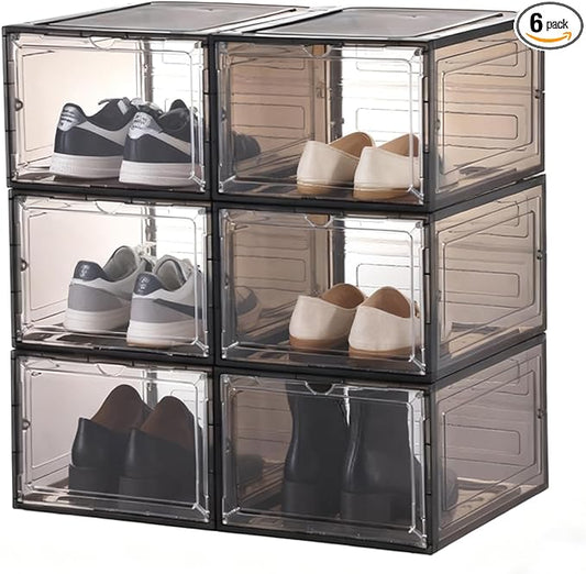 KUILONG 6-Pack Stackable Shoe Boxes with Magnetic Closure, Transparent Gray Shoe Organizer and Storage Container for Sneaker Display(Gray, XL-6PCS)
