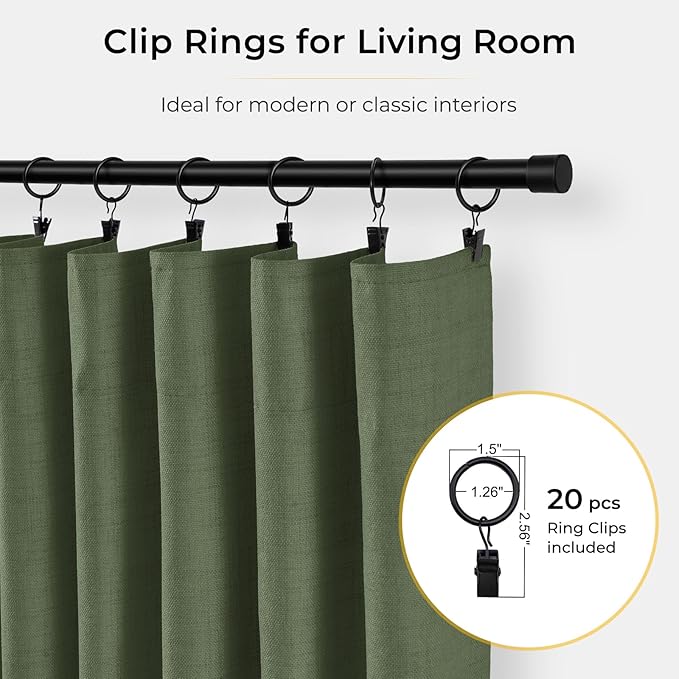 INOVADAY 100% Blackout Curtains for Bedroom, Black Out Curtains 120 Inch Long, Clip Rings Linen Blackout Drapes, Thermal Insulated Room Darkening for Living Room, 2 Panels - Moss Green,W50xL120