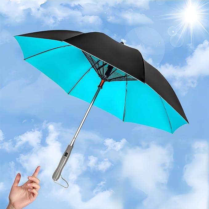 Umbrella with Fan & Mist Spray - Rechargeable UV Protective Cooling Umbrella for Patio, Beach, Travel — Portable Misting System & Detachable Water Bottle Included