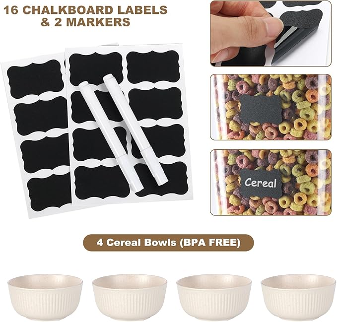 Cereal Dispenser Countertop with Cereal Bowls,16 Labels & Pen, Cereal Containers Storage, Candy Dispenser, Dry Food Dispenser For Pantry - Not Easy to Crush Food (White, 2 Pack)