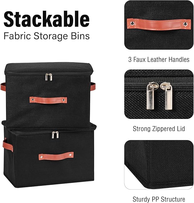 Storage Bin Box with Zippered Lid Cotton Linen Fabric Decorative Basket with PU Leather Handles PP Plastic Board Foldable Lidded Clothing Shelf Closet Organizer Container (Black, Large)