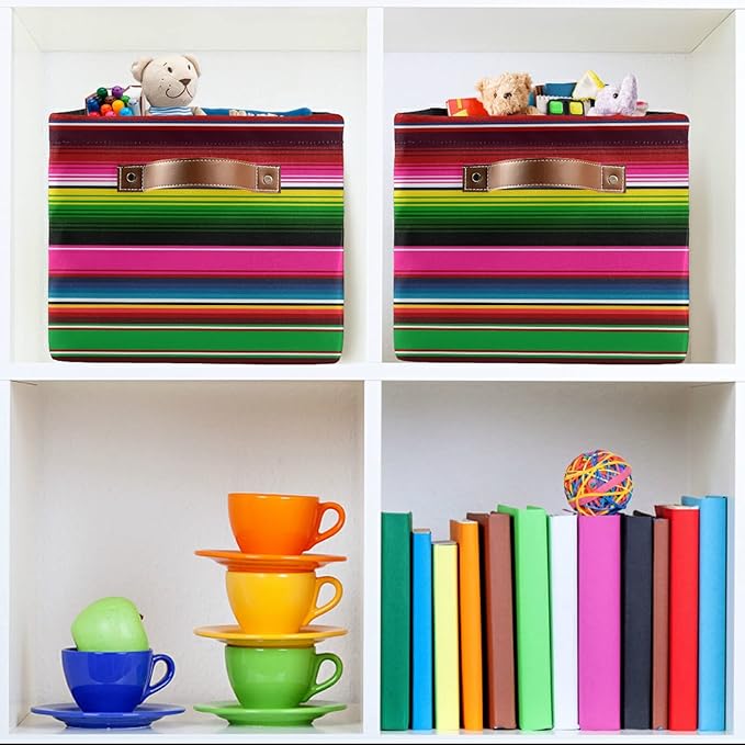 xigua Storage Basket Mexican Serape Blanket Stripes Colorful Storage Bin with Handle, Large Storage Cube Collapsible for Shelves Closet Bedroom Living Room 1PC