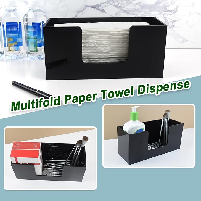 1Pack Paper Towel Holder Countertop, Acrylic Bathroom Paper Towel Holder, Black Napkin Holder for Kitchen, Countertop Multifold Z-fold C-fold,Trifold Paper Hand Towel Dispenser for Bathroom Toilet (1)