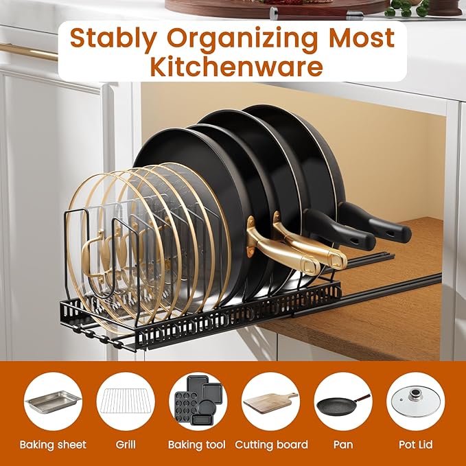 Housolution 1 Pack Pull Out Pot and Pan Organizer for Under Cabinet, Slide Out Pot Lid Organizer with 10 Adjustable Dividers, Sliding Pan Holder Storage Rack Inside Cabinet, Black