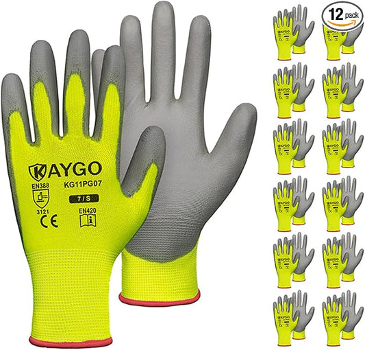KAYGO Work Gloves for Men and Women,12 Pairs Seamless Knit PU Coated Safety Gloves, with Smooth Grip on Palm and Fingers, Ideal for Light Warehouse, Manufacturing, Gardening, KG11P (S,Green)