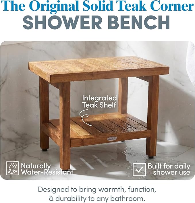 AquaTeak The Original 24" Fully Assembled Spa Teak Shower Bench - Shower Stool with Storage Shelf for Bathroom - Durable Water Resistant Shower Chair - Shaving Foot Rest - Indoor & Outdoor Use