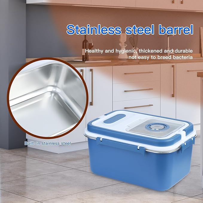 PENCK 20lbs Rice Storage Container Stainless Steel, 10L Airtight Flour Cereal Dispenser with Measuring Cup Portable Food Storage Box for Kitchen Pantry Countertop Blue