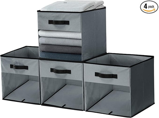 DECOMOMO Kallax Storage Cubes, 13x13x15 Storage Cube Bins with Window, Baskets for Organizing Shelves (Kallax / 4pcs, Grey)