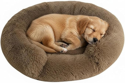 Fluffy Dog Bed Calming Donut Beds for Large Dogs Warming Round Small Medium Pet Nest Cozy Cat Mattress Indoor Washable Puppy Kennel Kittens Sleep Mat (S, 23.6×23.6 inch, Light Brown)