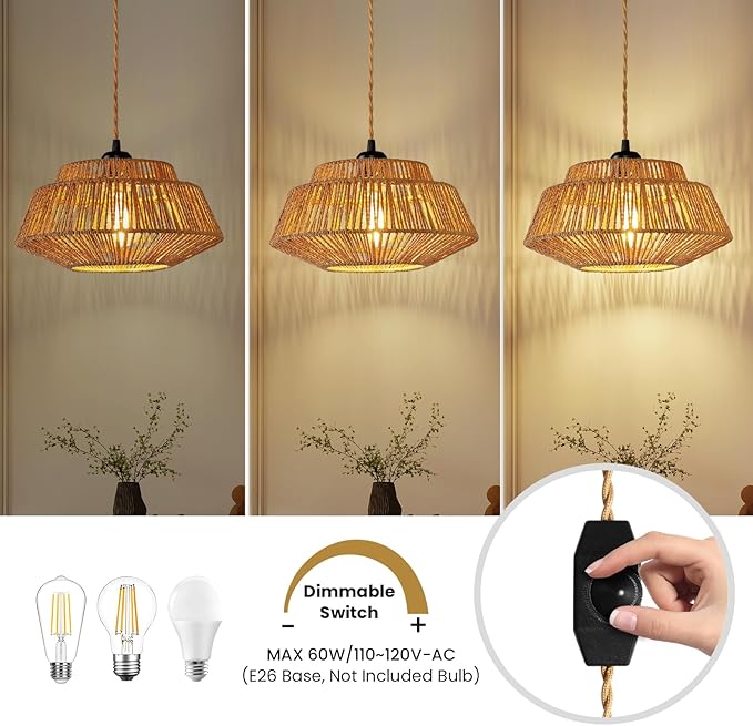 Hanging Lamp Plug in Pendant Light - Boho Hanging Light 11.8 inch Rattan Pendant Lights for Ceiling Dimmable Hanging Lamps for Living Room Bedroom Kitchen Farmhouse with 23ft Cord