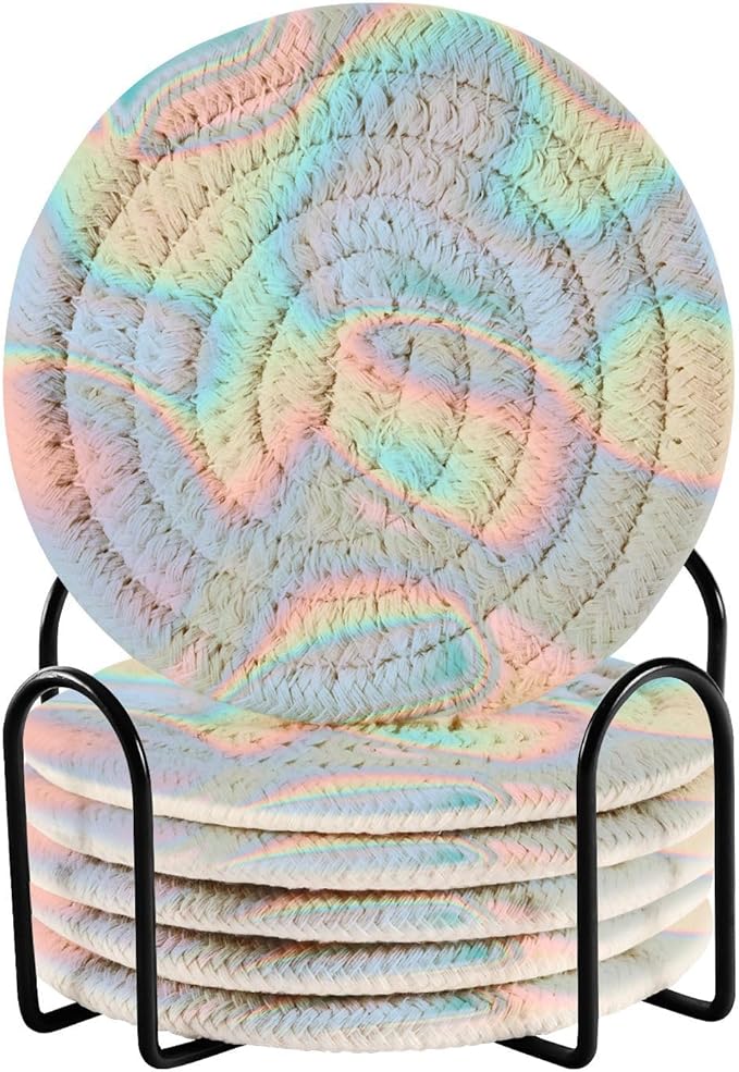 Holographic Blue Drink Coasters, Handmade Cotton Absorbent Coaster Set of 6, Minimalist Home Decor for Coffee Table, Kitchen, Housewarming and Wedding Registry Ideas