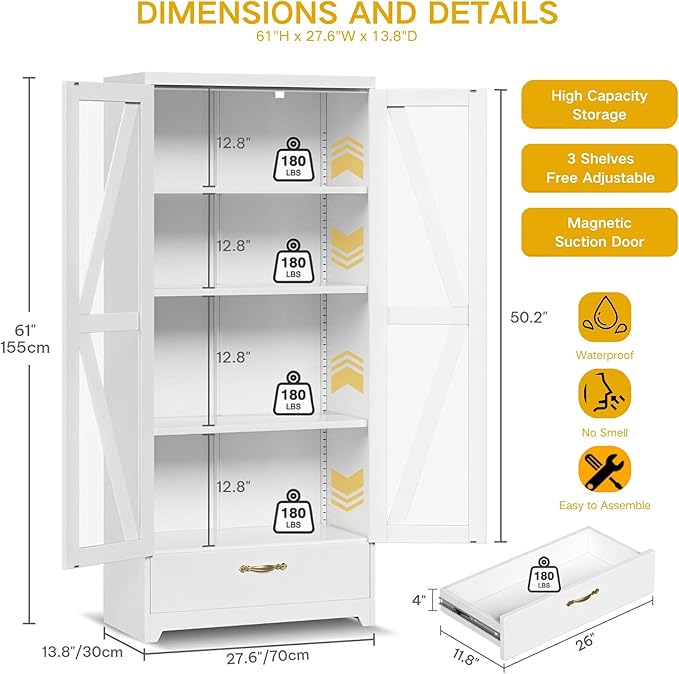 DWVO Display Cabinet with LED Lights, 61" Metal Display Case with Glass Barn Doors for Collectibles, Organizer Cabinet with 3 Adjustable Shelves and Drawer for Living Bedroom, Office, White