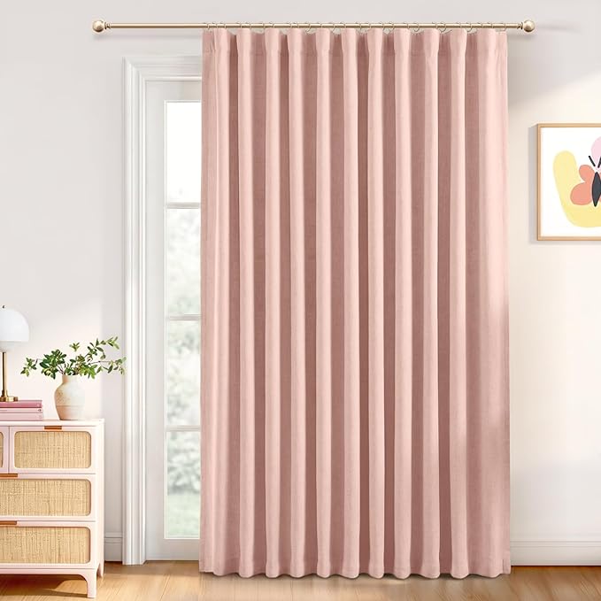 INOVADAY 100% Blackout Curtains for Bedroom, Black Out Curtains 96 Inch Long, Clip Rings Linen Blackout Drapes, Thermal Insulated Room Darkening for Living Room, 1 Panel - Blush Pink,W102xL96
