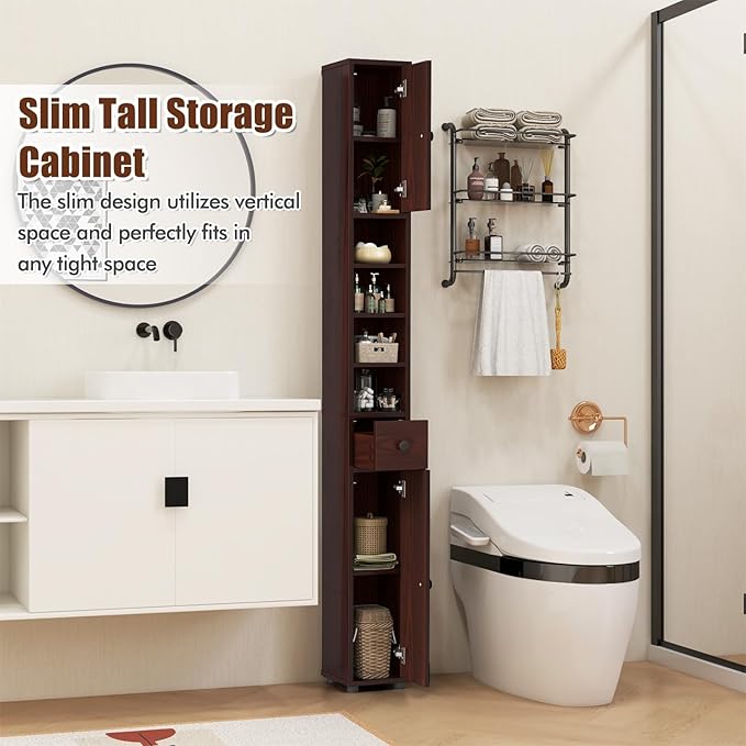 GOFLAME 71” Tall Bathroom Storage Cabinet, Narrow Freestanding Organizer with 1 Drawer, 2 Doors & 5 Open Shelves, Slim Bathroom Cabinet for Small Space, 8" x 8" x 71", Brown