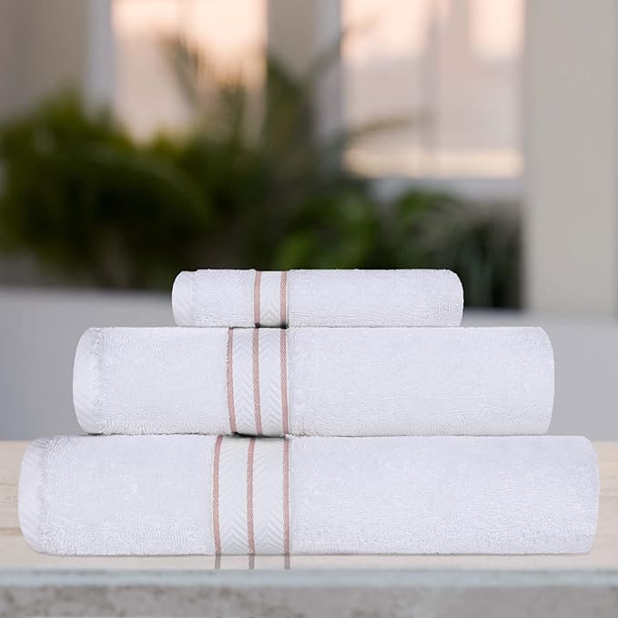 Superior Hotel Turkish Cotton 3 Piece Towel Set, Ultra Plush Spa Quality Heavyweight Essentials for Bathroom, Thick Absorbent and Soft, Dobby Border, Includes 1 Bath 1 Hand 1 Washcloth, Tea Rose