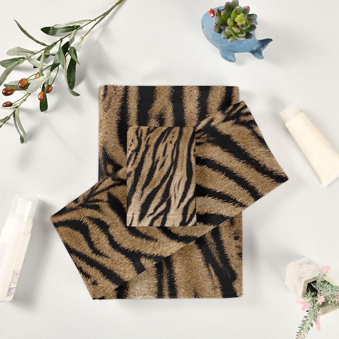 3 Piece Tiger Skin Print Bath Towel Set,Microfiber Absorbent Brown Black Striped Animal Tiger Decorative Bathroom Towels,1 Bath Towel 1 Hand Towel for Bathroom Kitchen,1 Washcloth for Face