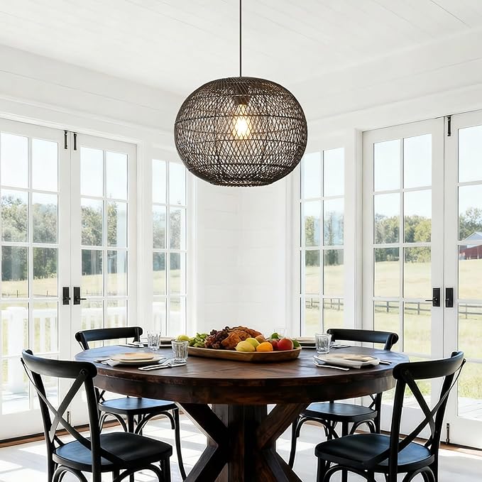 Black Rattan Pendant Light, 16in Globe Rattan Chandelier Boho Wicker Hanging Lighting Fixture Black Woven Chandelier for Dining Room Kitchen Island Living Room Bedroom Foyer Entrance