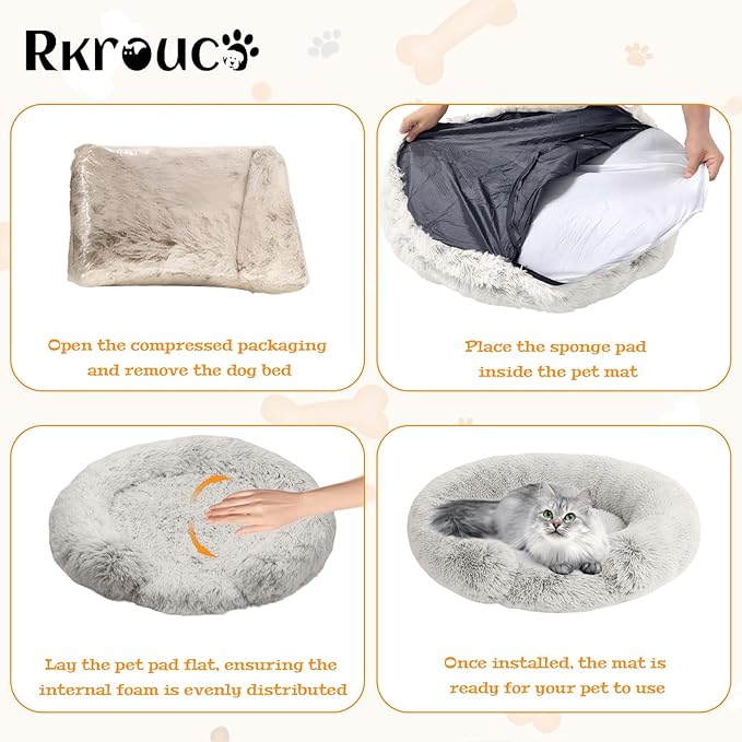 Fluffy Dog Bed Calming Donut Beds for Large Dogs Warming Round Small Medium Pet Nest Cozy Cat Mattress Indoor Washable Puppy Kennel Kittens Sleep Mat (XL, 43.3×43.3 inch, Gradient Gray)