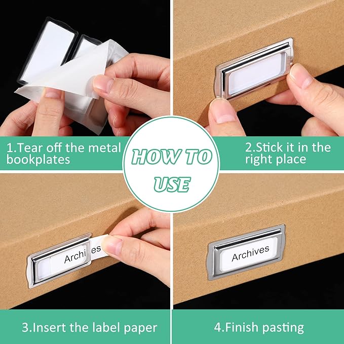 24 Pcs Self Adhesive Metal Bookplates for Books Card Horizontal Clip Label Holders Metal Drawer Tag Silver Label Plate for Office Library Book File Cabinet Drawer Tag Teacher School Classroom